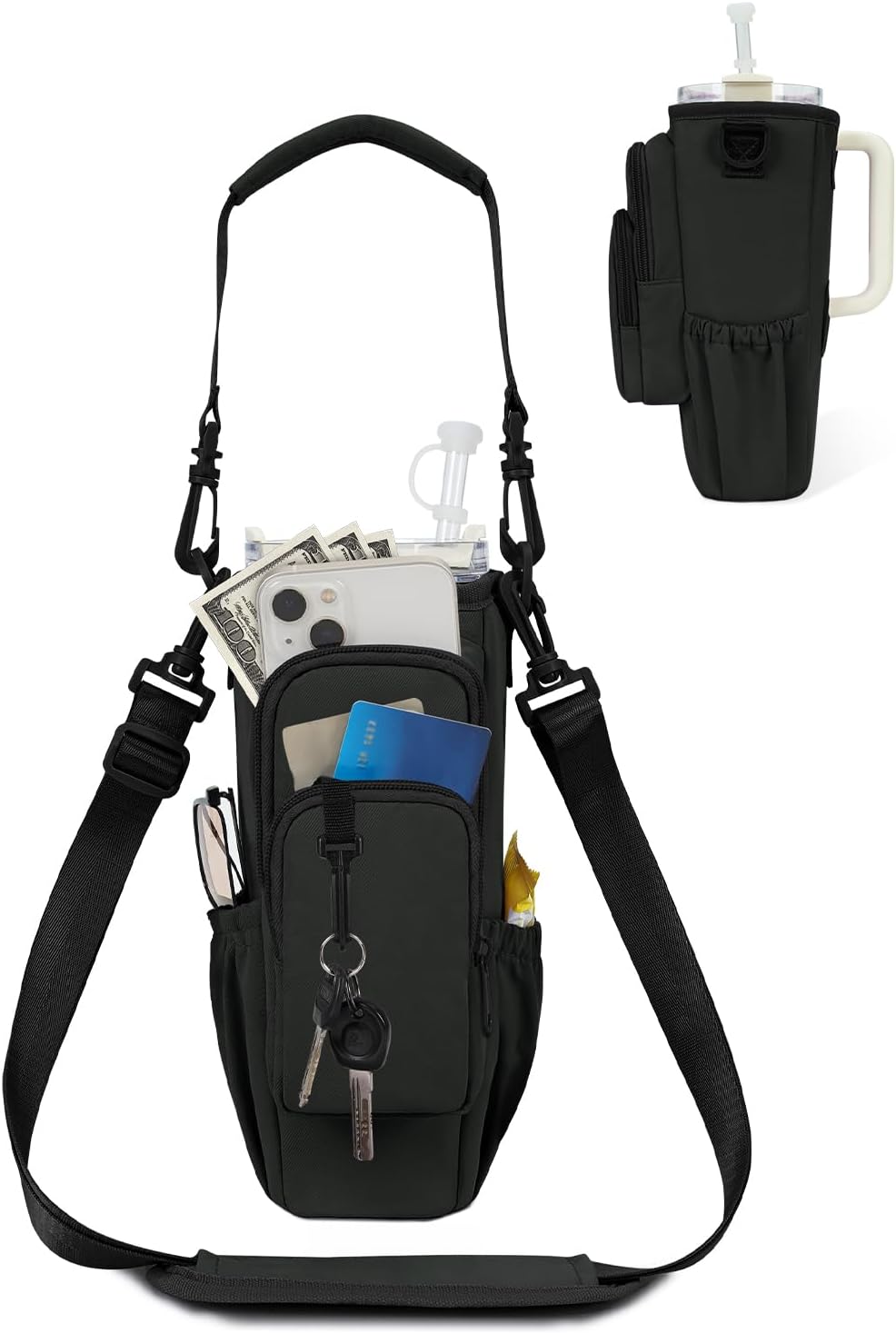 Water Bottle Carrier Bag with Phone Pocket for Stanley 40 Oz Insulated Water Bottle Holder Pouch with Adjustable Strap Water Bottle Bag with Straw Cover for Stanley Cup Accessories Patent Pending